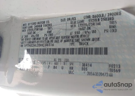 2003 Ford E-250 Commercial/Recreational from USA, damaged, VIN 1FTNS24L33HC06516